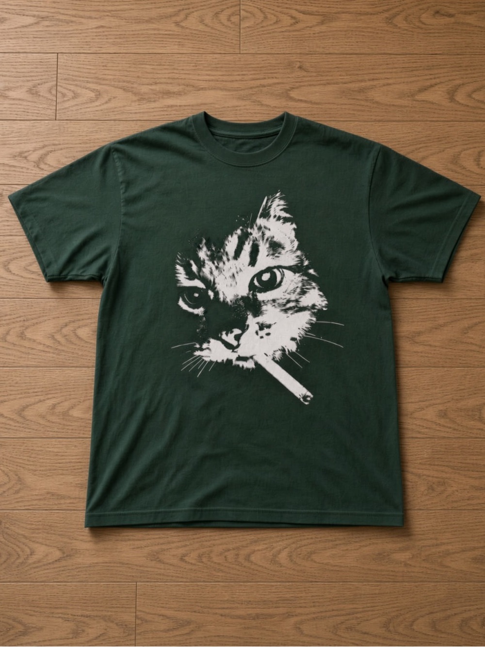 Gildan Forest Green Tee with White Cat Graphic